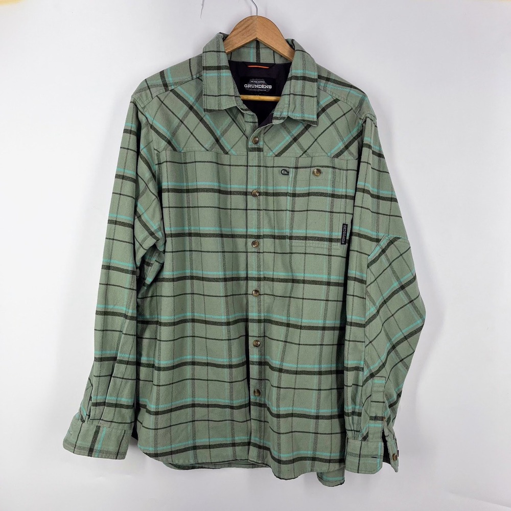 Grundens Mens XL Flannel Shirt Plaid Button Down Sage Green Turquoise‎ Fishing